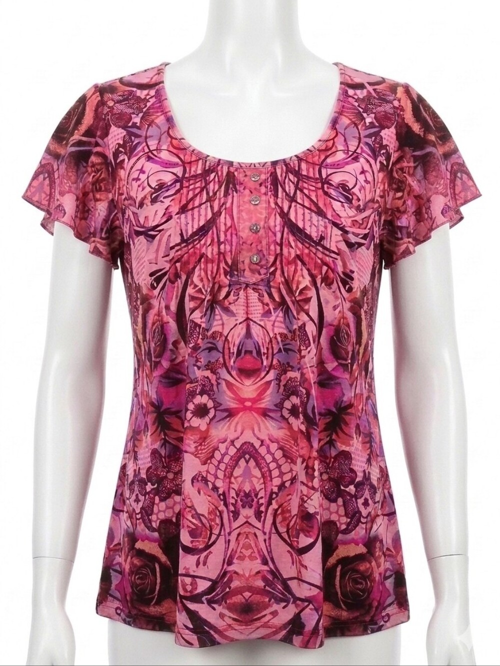 Energe Y2K Fairycore Pink Floral Boho Print Flutter Sleeve Blouse Top Size M